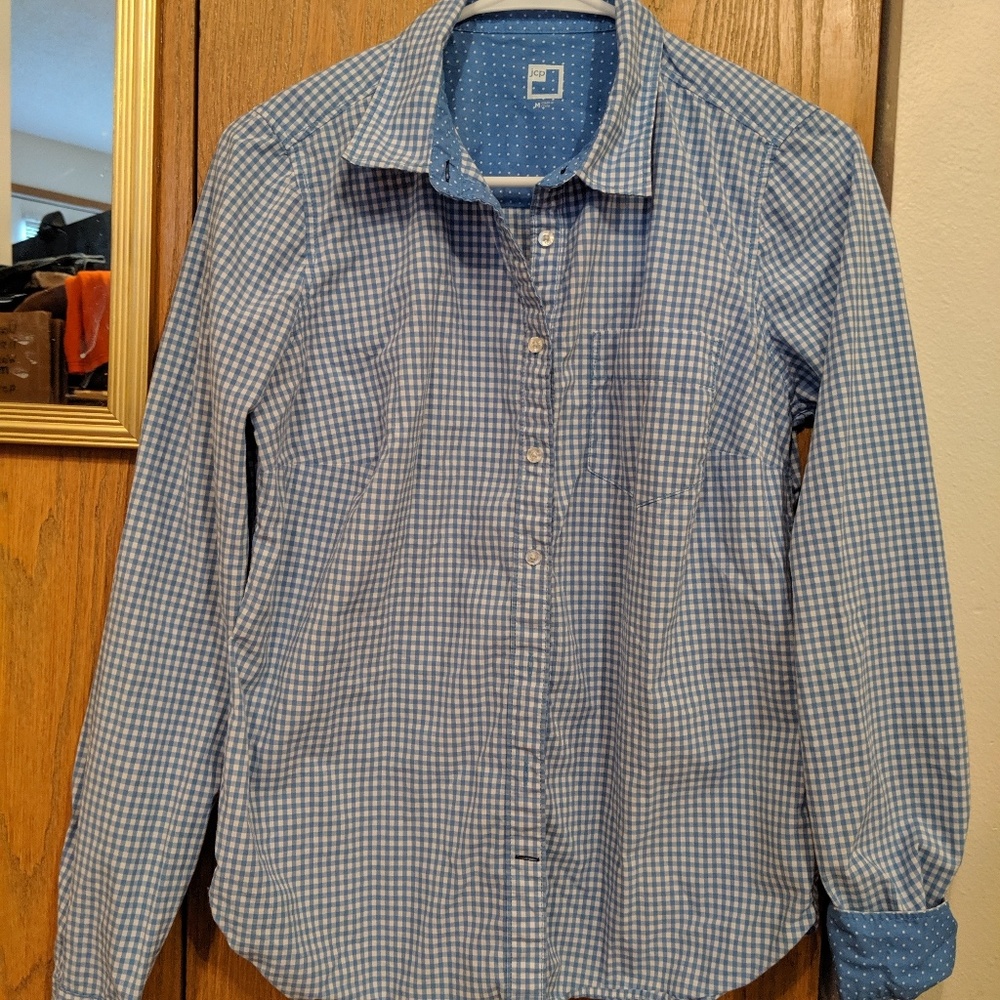 Blue and white checkered button down shirt